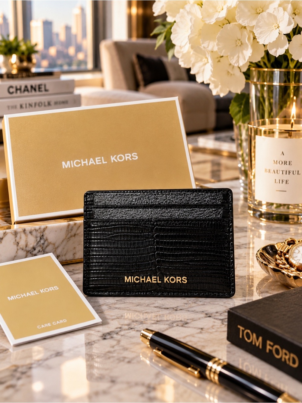 Michael Kors Jet Set Lizard Leather Card Case Black NWT